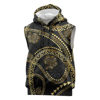 Hawaiian Kakau Art and Hisbiscus Tattoo Sleeveless Hoodie Tribal Pattern-Gold Style LT03 Black - Polynesian Pride