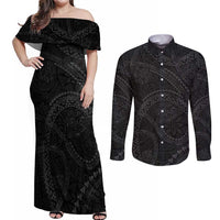 Hawaiian Kakau Art and Hisbiscus Tattoo Couples Matching Off Shoulder Maxi Dress and Long Sleeve Button Shirt Tribal Pattern-Black Gradient Style LT03 Black - Polynesian Pride