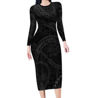 Hawaiian Kakau Art and Hisbiscus Tattoo Family Matching Long Sleeve Bodycon Dress and Hawaiian Shirt Tribal Pattern-Black Gradient Style LT03 Mom's Dress Black - Polynesian Pride