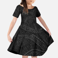 Hawaiian Kakau Art and Hisbiscus Tattoo Family Matching Mermaid Dress and Hawaiian Shirt Tribal Pattern-Black Gradient Style LT03 Daughter's Dress Black - Polynesian Pride