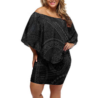 Hawaiian Kakau Art and Hisbiscus Tattoo Family Matching Off Shoulder Short Dress and Hawaiian Shirt Tribal Pattern-Black Gradient Style LT03 Mom's Dress Black - Polynesian Pride