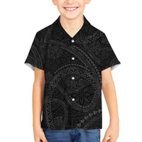 Hawaiian Kakau Art and Hisbiscus Tattoo Family Matching Off Shoulder Short Dress and Hawaiian Shirt Tribal Pattern-Black Gradient Style LT03 Son's Shirt Black - Polynesian Pride