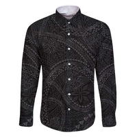 Hawaiian Kakau Art and Hisbiscus Tattoo Family Matching Short Sleeve Bodycon Dress and Hawaiian Shirt Tribal Pattern-Black Gradient Style LT03 Dad's Shirt - Long Sleeve Black - Polynesian Pride