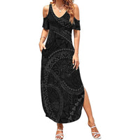 Hawaiian Kakau Art and Hisbiscus Tattoo Family Matching Summer Maxi Dress and Hawaiian Shirt Tribal Pattern-Black Gradient Style LT03 Mom's Dress Black - Polynesian Pride