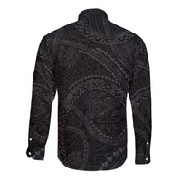 Hawaiian Kakau Art and Hisbiscus Tattoo Long Sleeve Button Shirt Tribal Pattern-Black Gradient Style LT03 - Polynesian Pride