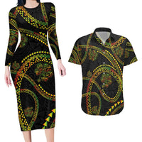 Hawaiian Kakau Art and Hisbiscus Tattoo Couples Matching Long Sleeve Bodycon Dress and Hawaiian Shirt Tribal Pattern-Reggae Style LT03 Black - Polynesian Pride
