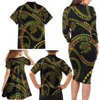 Hawaiian Kakau Art and Hisbiscus Tattoo Family Matching Long Sleeve Bodycon Dress and Hawaiian Shirt Tribal Pattern-Reggae Style LT03 - Polynesian Pride