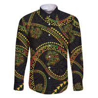 Hawaiian Kakau Art and Hisbiscus Tattoo Family Matching Off Shoulder Short Dress and Hawaiian Shirt Tribal Pattern-Reggae Style LT03 Dad's Shirt - Long Sleeve Black - Polynesian Pride