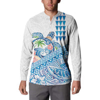 Hawaiian Abstract Sea Turtle Button Sweatshirt Polynesian Tapa Art and Kakau Tattoo White WaterColor - Polynesian Pride