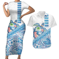Hawaiian Abstract Sea Turtle Couples Matching Short Sleeve Bodycon Dress and Hawaiian Shirt Polynesian Tapa Art and Kakau Tattoo White WaterColor - Polynesian Pride
