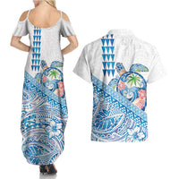 Hawaiian Abstract Sea Turtle Couples Matching Summer Maxi Dress and Hawaiian Shirt Polynesian Tapa Art and Kakau Tattoo White WaterColor - Polynesian Pride