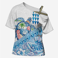 Hawaiian Abstract Sea Turtle Cross Shoulder Shirt Polynesian Tapa Art and Kakau Tattoo White WaterColor - Polynesian Pride