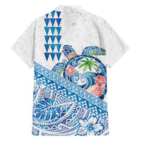 Hawaiian Abstract Sea Turtle Family Matching Off The Shoulder Long Sleeve Dress and Hawaiian Shirt Polynesian Tapa Art and Kakau Tattoo White WaterColor - Polynesian Pride