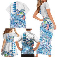 Hawaiian Abstract Sea Turtle Family Matching Short Sleeve Bodycon Dress and Hawaiian Shirt Polynesian Tapa Art and Kakau Tattoo White WaterColor - Polynesian Pride