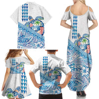 Hawaiian Abstract Sea Turtle Family Matching Summer Maxi Dress and Hawaiian Shirt Polynesian Tapa Art and Kakau Tattoo White WaterColor - Polynesian Pride