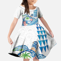 Hawaiian Abstract Sea Turtle Family Matching Tank Maxi Dress and Hawaiian Shirt Polynesian Tapa Art and Kakau Tattoo White WaterColor - Polynesian Pride