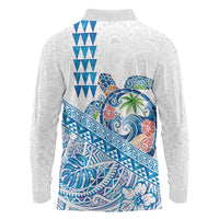 Hawaiian Abstract Sea Turtle Long Sleeve Polo Shirt Polynesian Tapa Art and Kakau Tattoo White WaterColor - Polynesian Pride