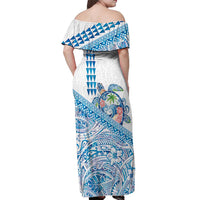 Hawaiian Abstract Sea Turtle Off Shoulder Maxi Dress Polynesian Tapa Art and Kakau Tattoo White WaterColor - Polynesian Pride