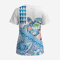 Hawaiian Abstract Sea Turtle Scrub Top Polynesian Tapa Art and Kakau Tattoo White WaterColor - Polynesian Pride