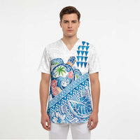 Hawaiian Abstract Sea Turtle Scrub Top Polynesian Tapa Art and Kakau Tattoo White WaterColor - Polynesian Pride