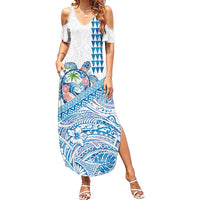Hawaiian Abstract Sea Turtle Summer Maxi Dress Polynesian Tapa Art and Kakau Tattoo White WaterColor - Polynesian Pride