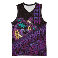 Hawaiian Abstract Sea Turtle Basketball Jersey Polynesian Tapa Art and Kakau Tattoo Purple WaterColor - Polynesian Pride