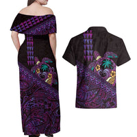 Hawaiian Abstract Sea Turtle Couples Matching Off Shoulder Maxi Dress and Hawaiian Shirt Polynesian Tapa Art and Kakau Tattoo Purple WaterColor - Polynesian Pride