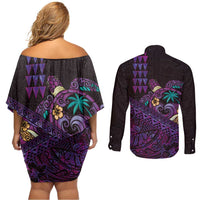 Hawaiian Abstract Sea Turtle Couples Matching Off Shoulder Short Dress and Long Sleeve Button Shirt Polynesian Tapa Art and Kakau Tattoo Purple WaterColor - Polynesian Pride