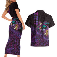Hawaiian Abstract Sea Turtle Couples Matching Short Sleeve Bodycon Dress and Hawaiian Shirt Polynesian Tapa Art and Kakau Tattoo Purple WaterColor - Polynesian Pride