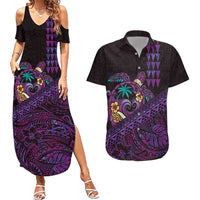 Hawaiian Abstract Sea Turtle Couples Matching Summer Maxi Dress and Hawaiian Shirt Polynesian Tapa Art and Kakau Tattoo Purple WaterColor - Polynesian Pride