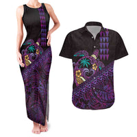 Hawaiian Abstract Sea Turtle Couples Matching Tank Maxi Dress and Hawaiian Shirt Polynesian Tapa Art and Kakau Tattoo Purple WaterColor - Polynesian Pride