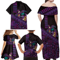 Hawaiian Abstract Sea Turtle Family Matching Off Shoulder Maxi Dress and Hawaiian Shirt Polynesian Tapa Art and Kakau Tattoo Purple WaterColor - Polynesian Pride