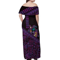 Hawaiian Abstract Sea Turtle Off Shoulder Maxi Dress Polynesian Tapa Art and Kakau Tattoo Purple WaterColor - Polynesian Pride
