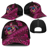 Hawaiian Abstract Sea Turtle Baseball Net Cap Polynesian Tapa Art and Kakau Tattoo Pink WaterColor - Polynesian Pride