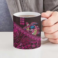 Hawaiian Abstract Sea Turtle Ceramic Mug Polynesian Tapa Art and Kakau Tattoo Pink WaterColor - Polynesian Pride