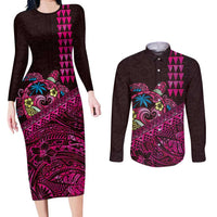 Hawaiian Abstract Sea Turtle Couples Matching Long Sleeve Bodycon Dress and Long Sleeve Button Shirt Polynesian Tapa Art and Kakau Tattoo Pink WaterColor - Polynesian Pride
