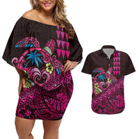 Hawaiian Abstract Sea Turtle Couples Matching Off Shoulder Short Dress and Hawaiian Shirt Polynesian Tapa Art and Kakau Tattoo Pink WaterColor - Polynesian Pride