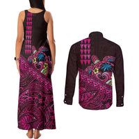 Hawaiian Abstract Sea Turtle Couples Matching Tank Maxi Dress and Long Sleeve Button Shirt Polynesian Tapa Art and Kakau Tattoo Pink WaterColor - Polynesian Pride