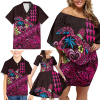 Hawaiian Abstract Sea Turtle Family Matching Off Shoulder Short Dress and Hawaiian Shirt Polynesian Tapa Art and Kakau Tattoo Pink WaterColor - Polynesian Pride