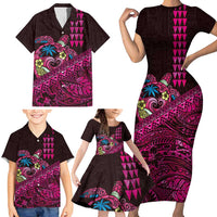 Hawaiian Abstract Sea Turtle Family Matching Short Sleeve Bodycon Dress and Hawaiian Shirt Polynesian Tapa Art and Kakau Tattoo Pink WaterColor - Polynesian Pride