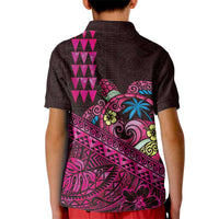 Hawaiian Abstract Sea Turtle Kid Polo Shirt Polynesian Tapa Art and Kakau Tattoo Pink WaterColor - Polynesian Pride