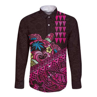 Hawaiian Abstract Sea Turtle Long Sleeve Button Shirt Polynesian Tapa Art and Kakau Tattoo Pink WaterColor - Polynesian Pride