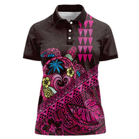 Hawaiian Abstract Sea Turtle Women Polo Shirt Polynesian Tapa Art and Kakau Tattoo Pink WaterColor - Polynesian Pride