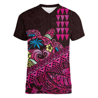 Hawaiian Abstract Sea Turtle Women V-Neck T-Shirt Polynesian Tapa Art and Kakau Tattoo Pink WaterColor - Polynesian Pride