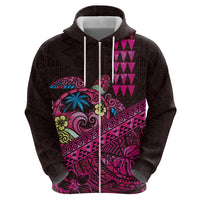 Hawaiian Abstract Sea Turtle Zip Hoodie Polynesian Tapa Art and Kakau Tattoo Pink WaterColor - Polynesian Pride