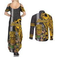 Hawaii Island Couples Matching Summer Maxi Dress and Long Sleeve Button Shirts Hawaiian Warrior and Kakau Symbols Abstract Tattoo LT03 - Polynesian Pride
