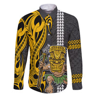 Hawaii Island Family Matching Off Shoulder Maxi Dress and Hawaiian Shirt Hawaiian Warrior and Kakau Symbols Abstract Tattoo LT03 Dad's Shirt - Long Sleeve Yellow - Polynesian Pride