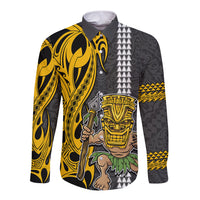 Hawaii Island Long Sleeve Button Shirt Hawaiian Warrior and Kakau Symbols Abstract Tattoo LT03 Unisex Yellow - Polynesian Pride