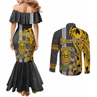 Custom Hawaii Island Couples Matching Mermaid Dress and Long Sleeve Button Shirts Hawaiian Warrior and Kakau Symbols Abstract Tattoo LT03 - Polynesian Pride