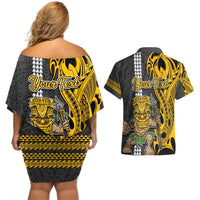 Custom Hawaii Island Couples Matching Off Shoulder Short Dress and Hawaiian Shirt Hawaiian Warrior and Kakau Symbols Abstract Tattoo LT03 - Polynesian Pride